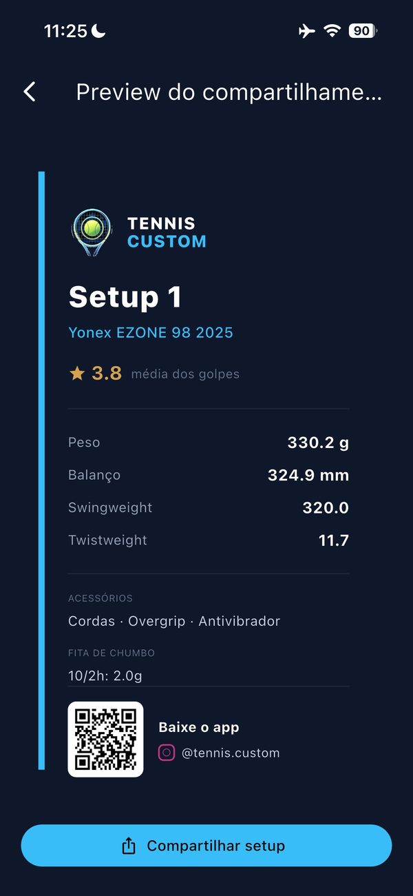 Tela de compartilhamento de setup do Tennis Custom